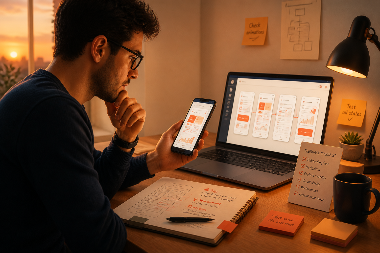 A focused beta tester reviewing a phone app and laptop dashboard.
